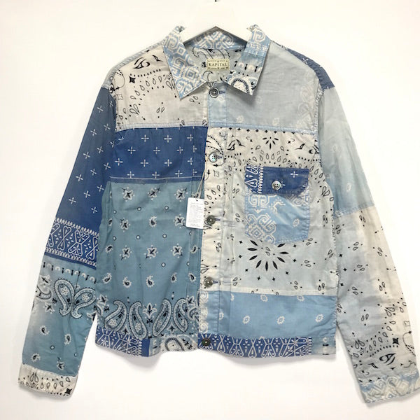 Square Patchwork Long Sleeve Bandana Shirt - Blue