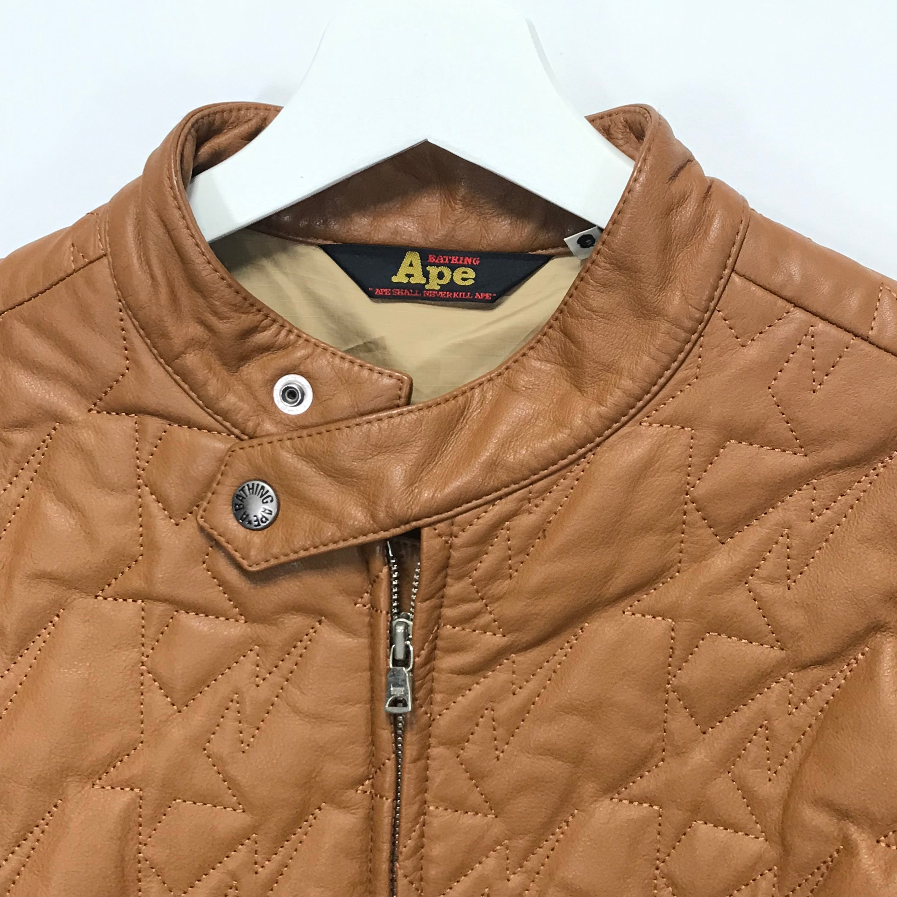 M] A Bathing Ape Bape Sta Leather/Down Riders Jacket Light Brown