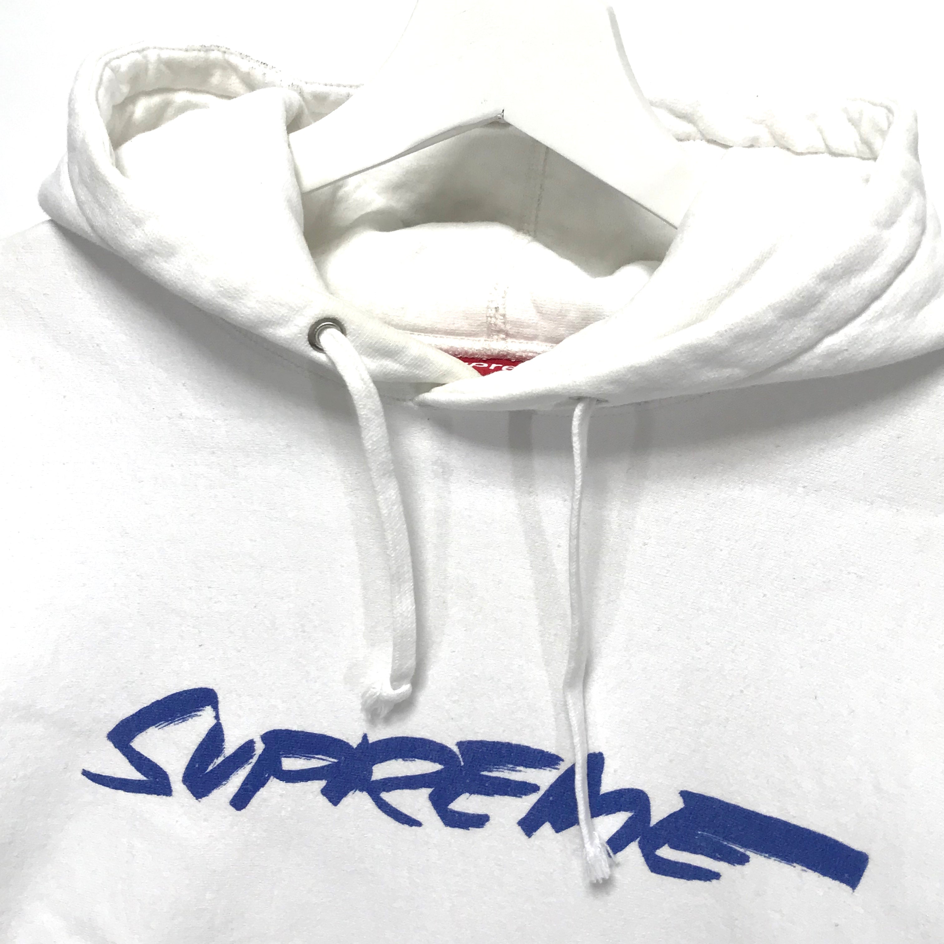 S] Supreme x Futura Fuck You Pay Me Script Logo Hoodie White