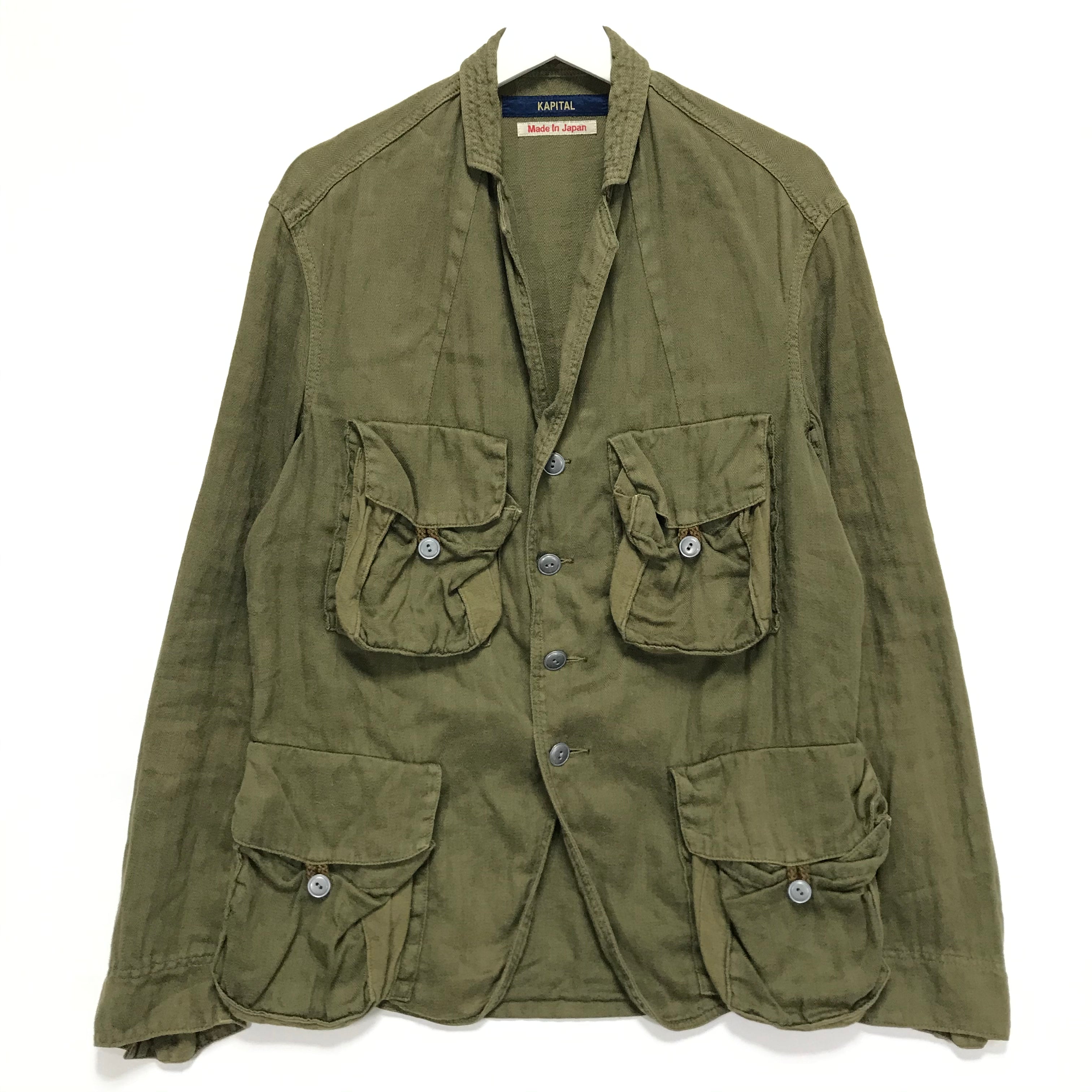 L] Kapital Cotton Linen Herringbone Military Jacket Olive