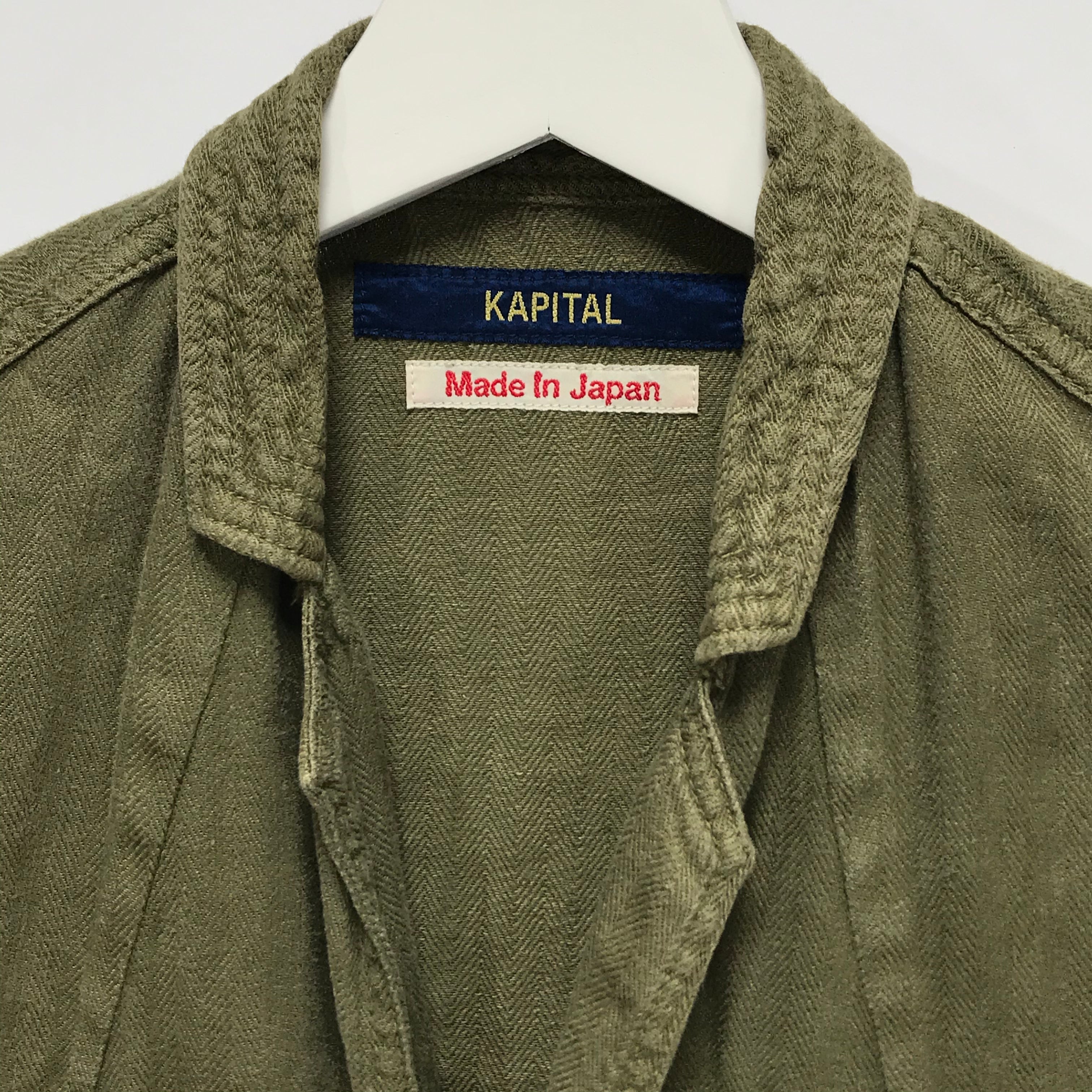 L] Kapital Cotton Linen Herringbone Military Jacket Olive