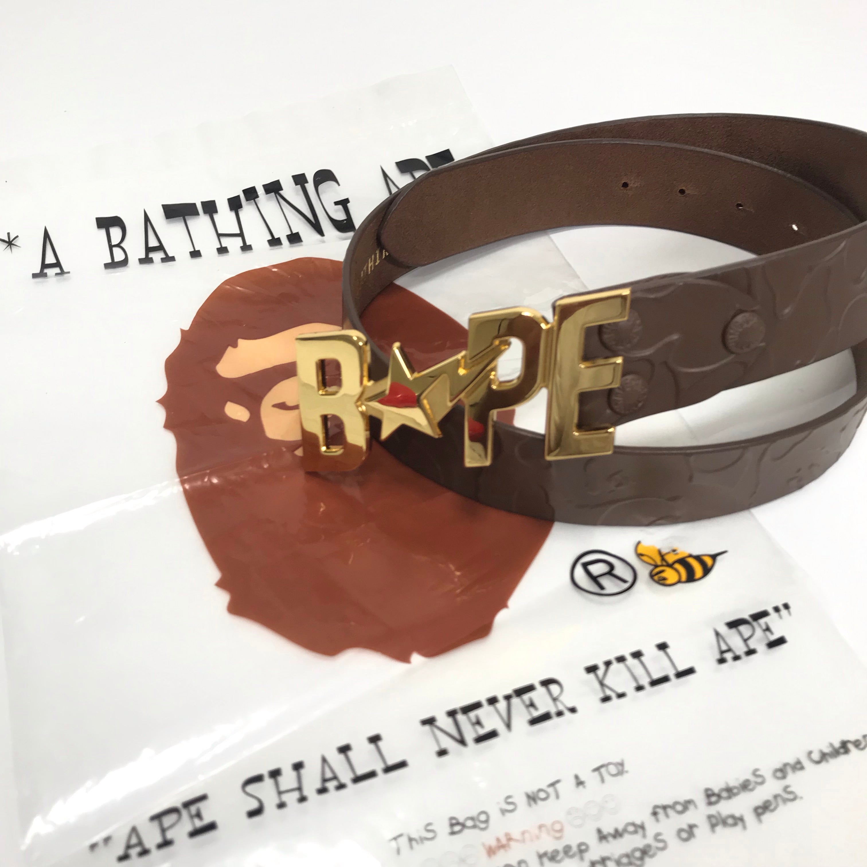 A BATHING APE Bape Gold logo buckle jacquard camo leather belt XL