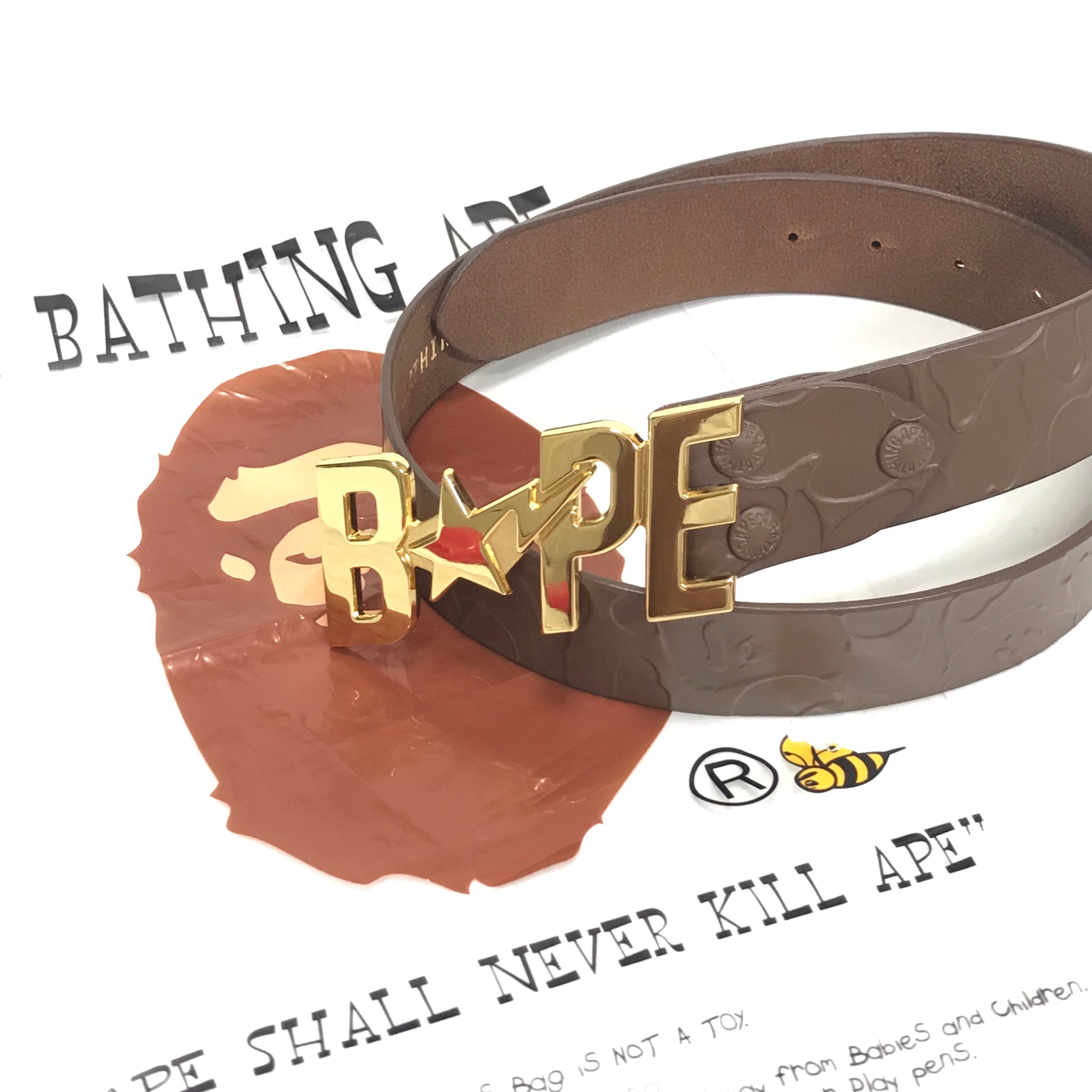 M] DS! A Bathing Ape Bape Embossed Camo Leather Belt Brown/Gold