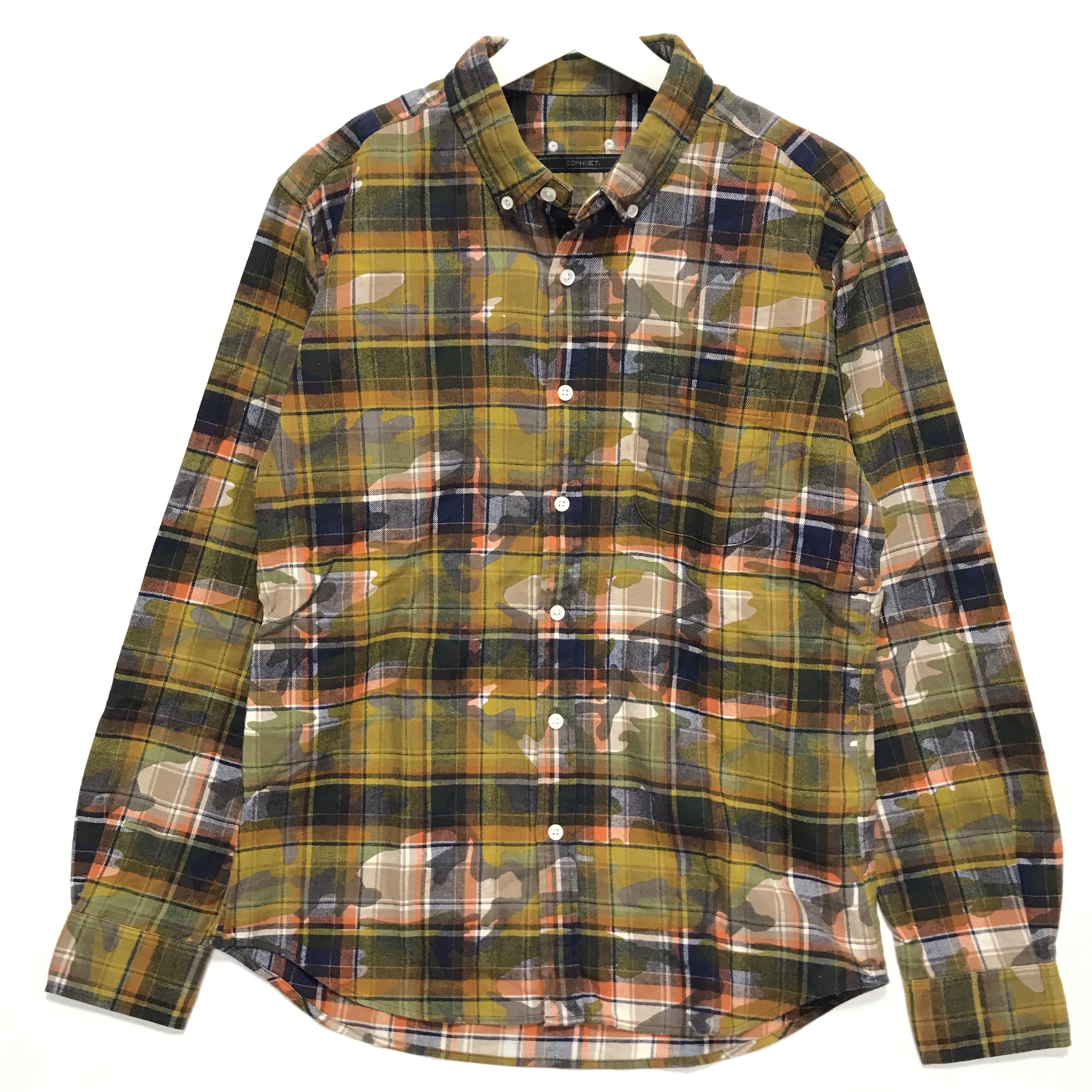 L] Sophnet Camo Check Overprint Flannel Shirt Yellow